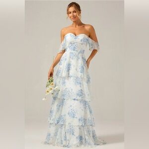 New WEDTREND White Blue Floral A-Line Off The Shoulder Tiered Print Maxi Dress